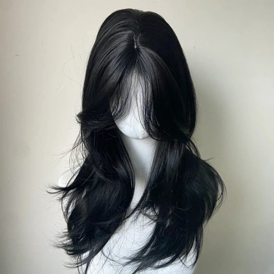 Ashely Black Wig Female Headband Body Wavy Rose Hair Net Models in French Bangs High Quality Simulation Hair Synthetic Wig 가발