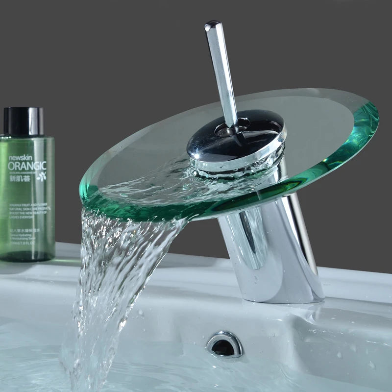 Colorful Glass Waterfall Bathroom Basin Sink Faucet Chrome Basin Sink Faucet