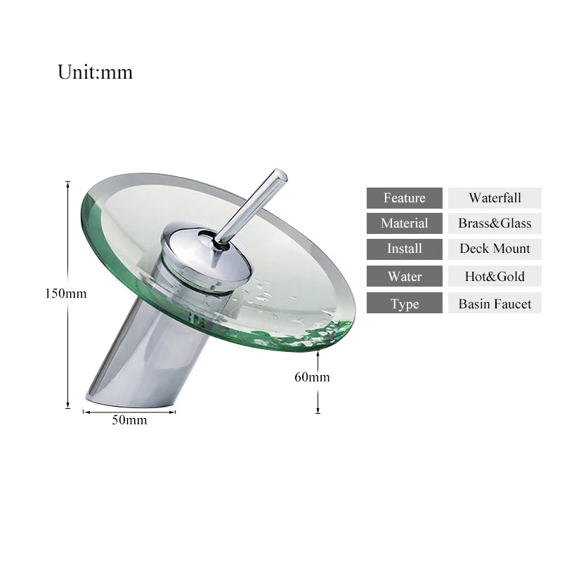 Colorful Glass Waterfall Bathroom Basin Sink Faucet Chrome Basin Sink Faucet
