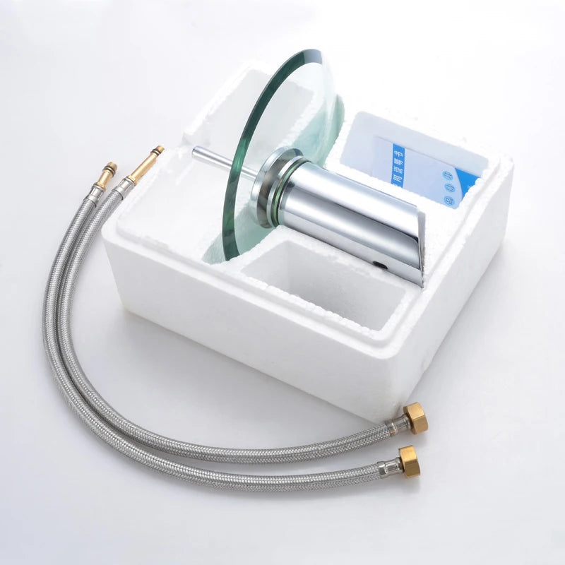 Colorful Glass Waterfall Bathroom Basin Sink Faucet Chrome Basin Sink Faucet