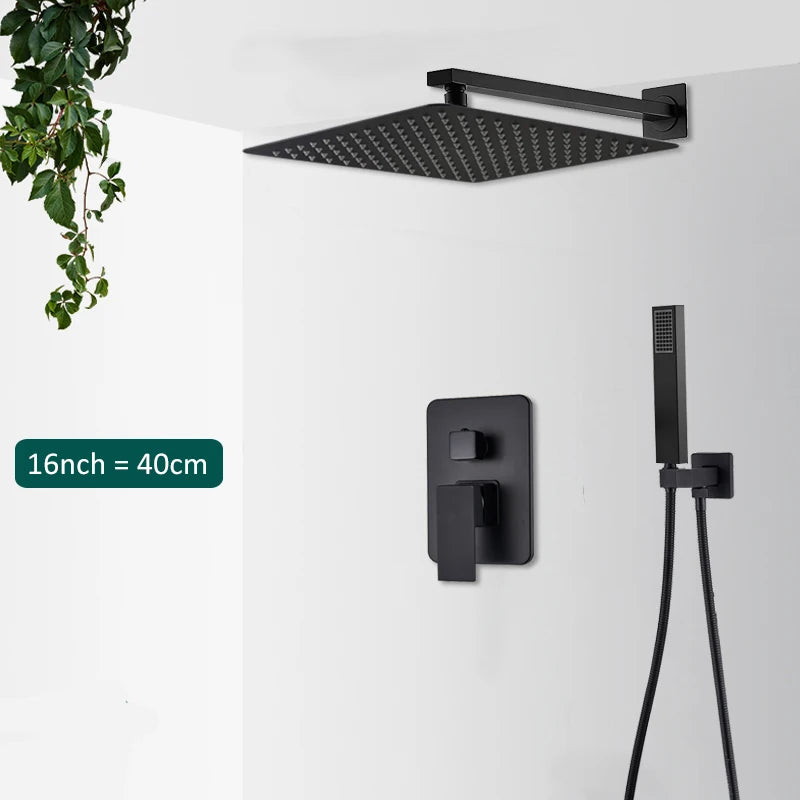 Black Concealed Shower System Rain Waterfall Bathroom Embedded Shower Faucet Set