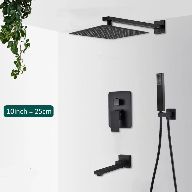 Black Concealed Shower System Rain Waterfall Bathroom Embedded Shower Faucet Set
