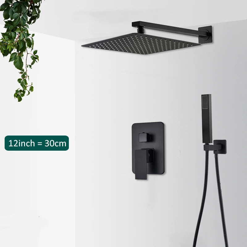 Black Concealed Shower System Rain Waterfall Bathroom Embedded Shower Faucet Set