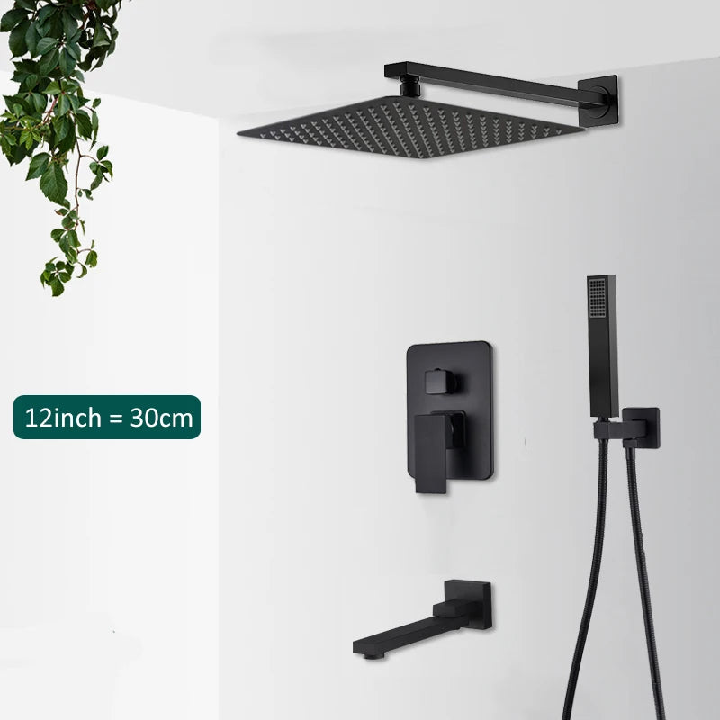 Black Concealed Shower System Rain Waterfall Bathroom Embedded Shower Faucet Set