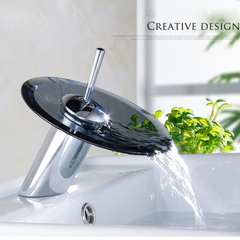 Colorful Glass Waterfall Bathroom Basin Sink Faucet Chrome Basin Sink Faucet