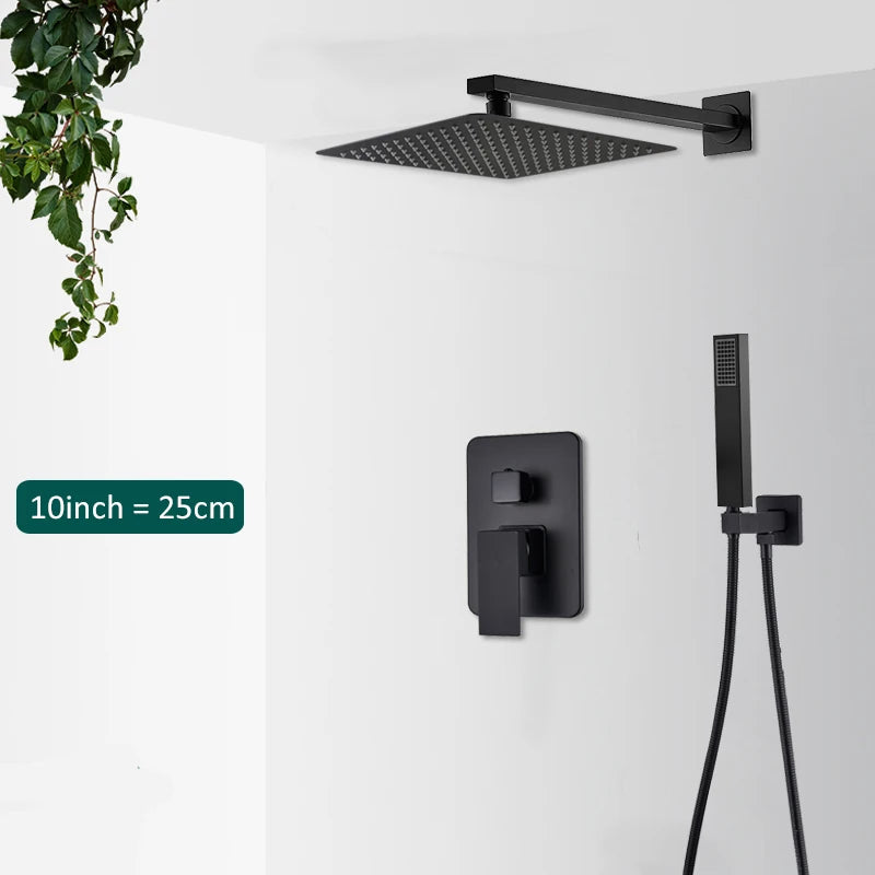 Black Concealed Shower System Rain Waterfall Bathroom Embedded Shower Faucet Set