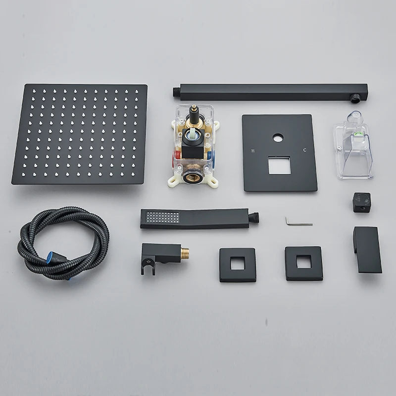Black Concealed Shower System Rain Waterfall Bathroom Embedded Shower Faucet Set