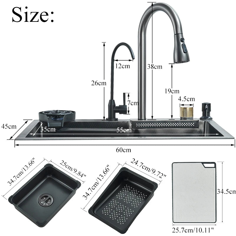 Single Slot Kitchen Sink with Faucet 304 Stainless Steel Large 60x45cm Rainfall