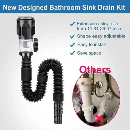 Stainless Steel Basin Drain Pipe Set Odor Proof Wall Mount Drainage for Kitchen Bathroom Sink