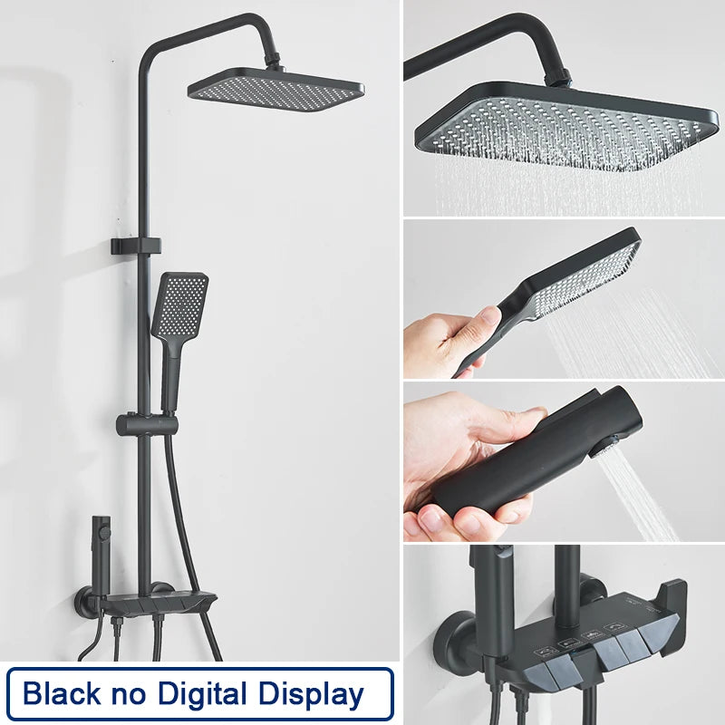 Rozin Black Smart Digital Display Shower Faucet Set Piano Style Rainlfall Bathroom System Grey
