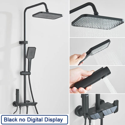 Rozin Black Smart Digital Display Shower Faucet Set Piano Style Rainlfall Bathroom System Grey