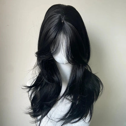 Ashely Black Wig Female Headband Body Wavy Rose Hair Net Models in French Bangs High Quality Simulation Hair Synthetic Wig 가발