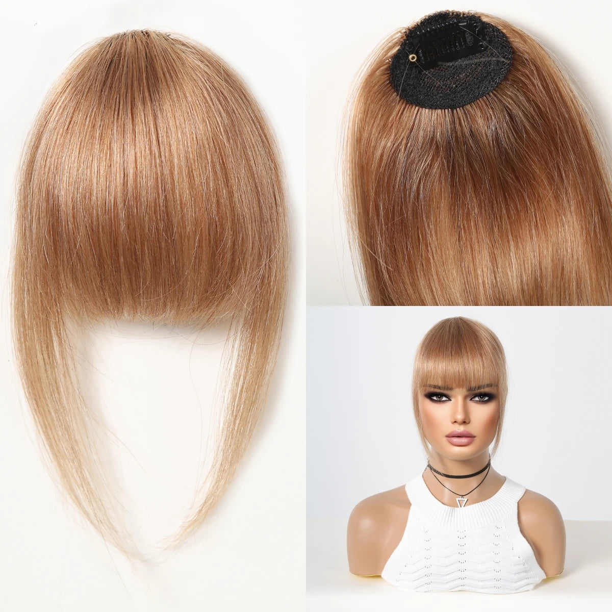100% Human Hair Bangs Natural Brown Wispy Bang Hair Clip in Bangs Fringe with Temples Hairpiece for Women Clip on Air Bang 4.5in