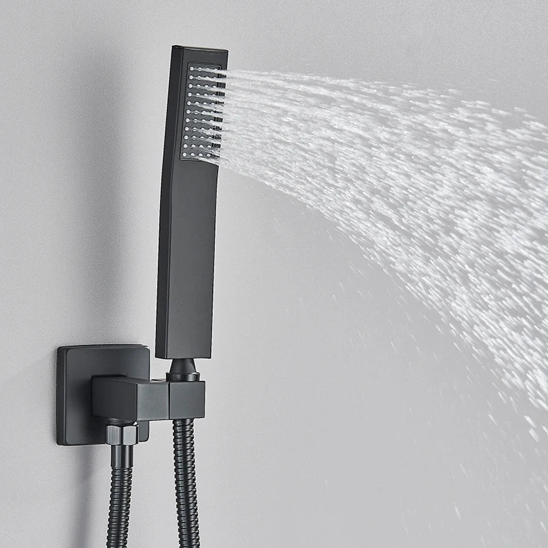 Black Concealed Shower System Rain Waterfall Bathroom Embedded Shower Faucet Set
