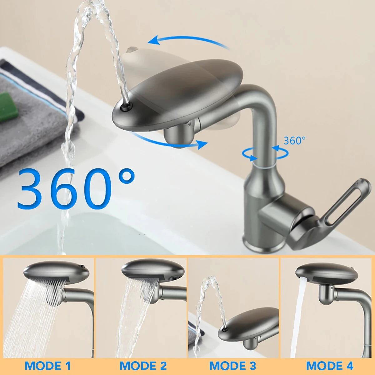 Multi Functional Waterfall Basin Faucet 4 Water Outlet Mode Spray Faucet 360°Rotation