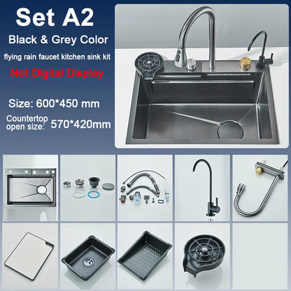 Single Slot Kitchen Sink with Faucet 304 Stainless Steel Large 60x45cm Rainfall