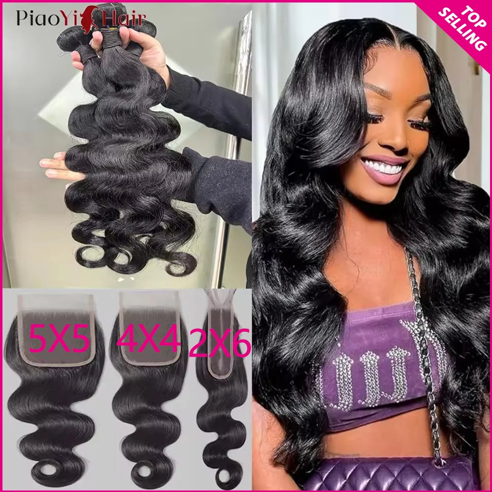 Body Wave Bundles 100% Human Hair with 4x4/5x5 Closure 20 22 24inch Raw Hair Extensions Bundles with 2x6 Midlle Part Closures