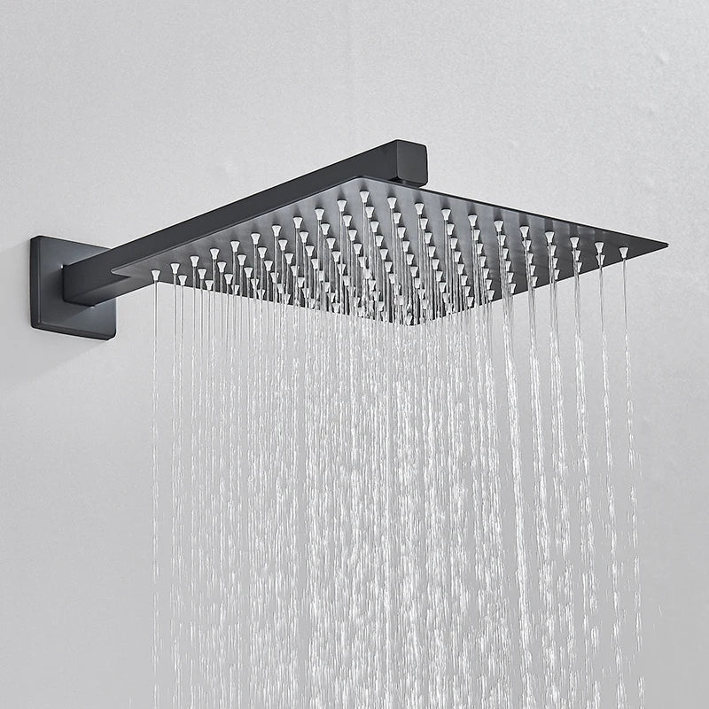 Black Concealed Shower System Rain Waterfall Bathroom Embedded Shower Faucet Set