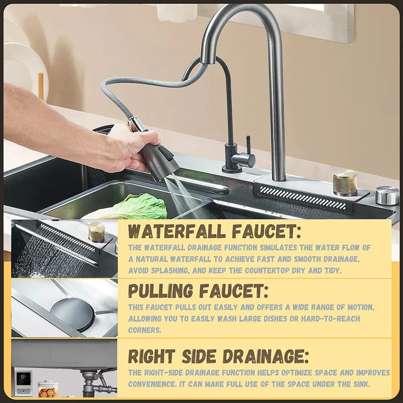 Single Slot Kitchen Sink with Faucet 304 Stainless Steel Large 60x45cm Rainfall
