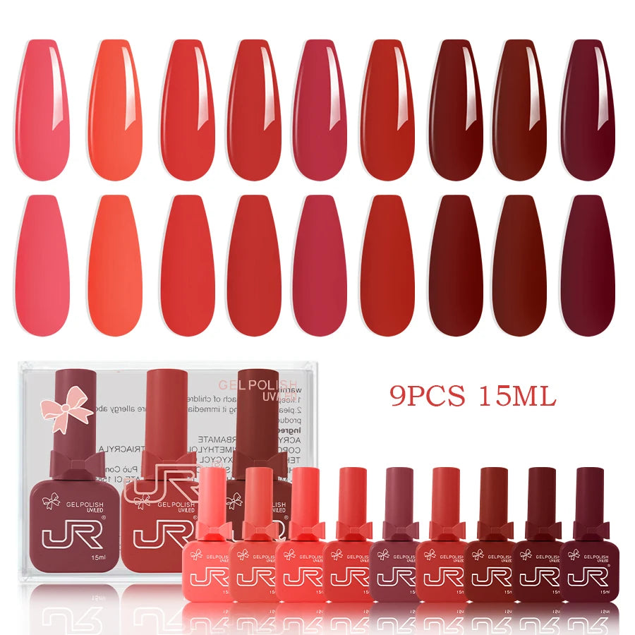 JR 9pcs 15ml gel nail polish set Including Red Pink Nude Gel Polish Kit - Winter Nails