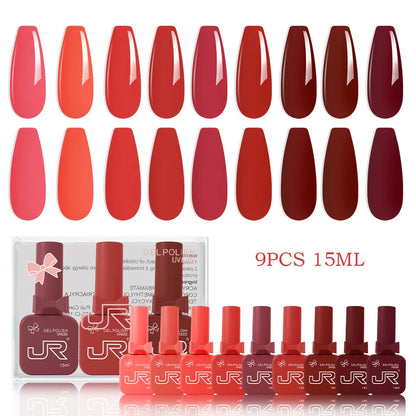 JR 9pcs 15ml gel nail polish set Including Red Pink Nude Gel Polish Kit - Winter Nails
