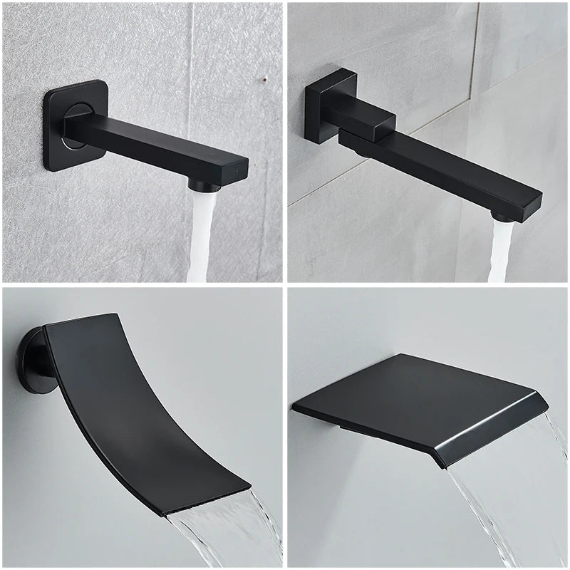 Black Concealed Shower System Rain Waterfall Bathroom Embedded Shower Faucet Set