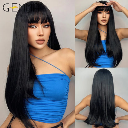 GEMMA Ombre Brown Blonde Long Straight Synthetic Wigs with Bangs Cosplay Wig for Women High Temperature Natural Fake Hair