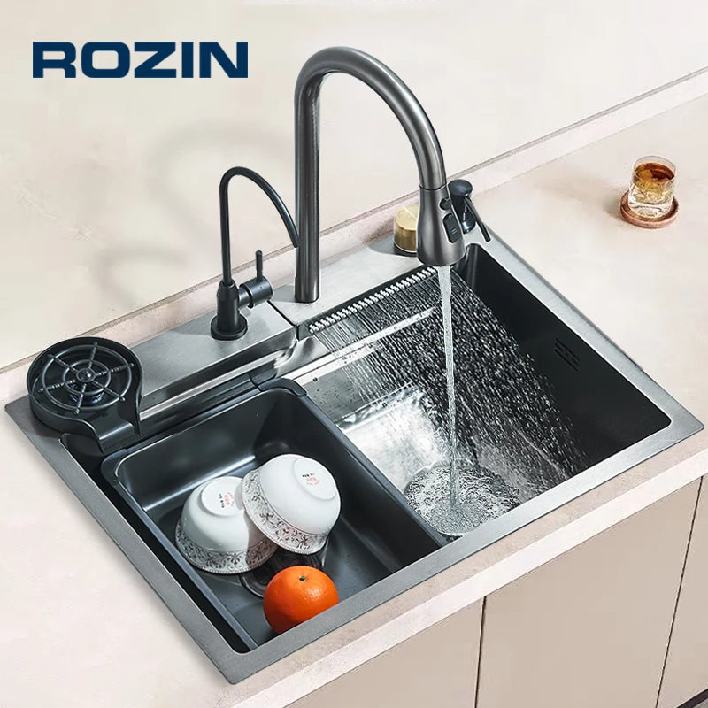 Single Slot Kitchen Sink with Faucet 304 Stainless Steel Large 60x45cm Rainfall