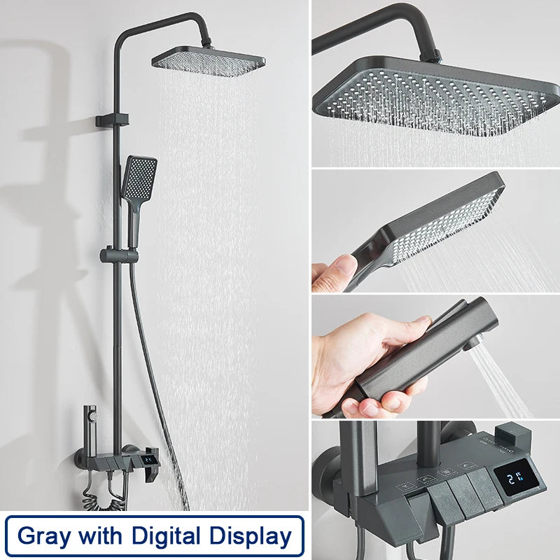 Rozin Black Smart Digital Display Shower Faucet Set Piano Style Rainlfall Bathroom System Grey