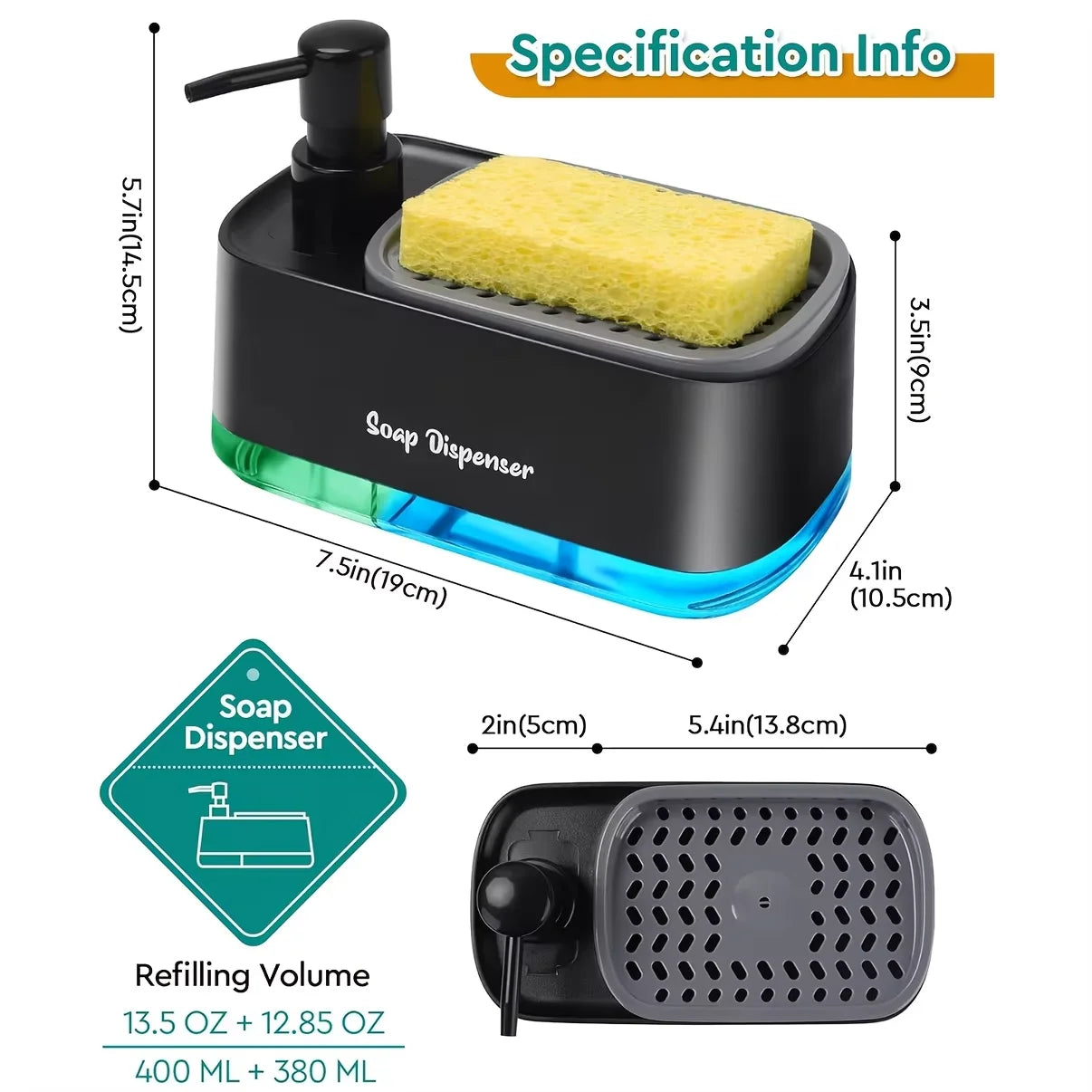 Hand and Dish Soap Dispenser Set Detergent Dispenser Sponge Holder 2-in-1 Countertop Soap Pump