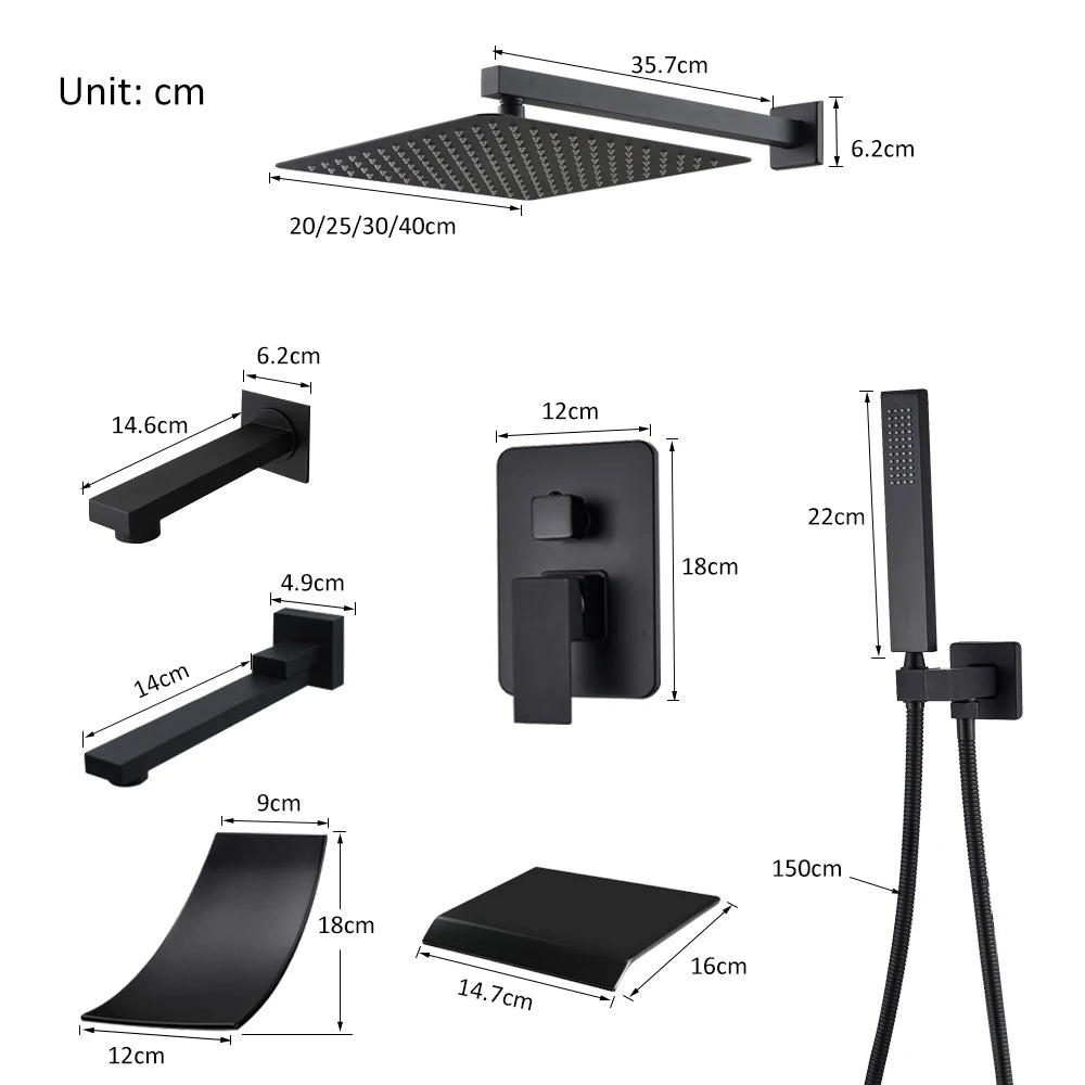 Black Concealed Shower System Rain Waterfall Bathroom Embedded Shower Faucet Set