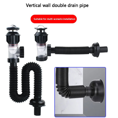 Stainless Steel Basin Drain Pipe Set Odor Proof Wall Mount Drainage for Kitchen Bathroom Sink