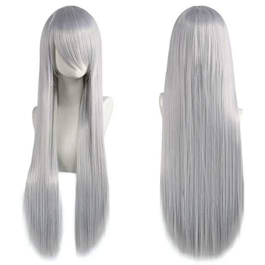 80cm Long Synthetic White Purple Cosplay Wigs Green Hair Straight Silver Wig Pink Hairpiece Lolita Wig with Bangs