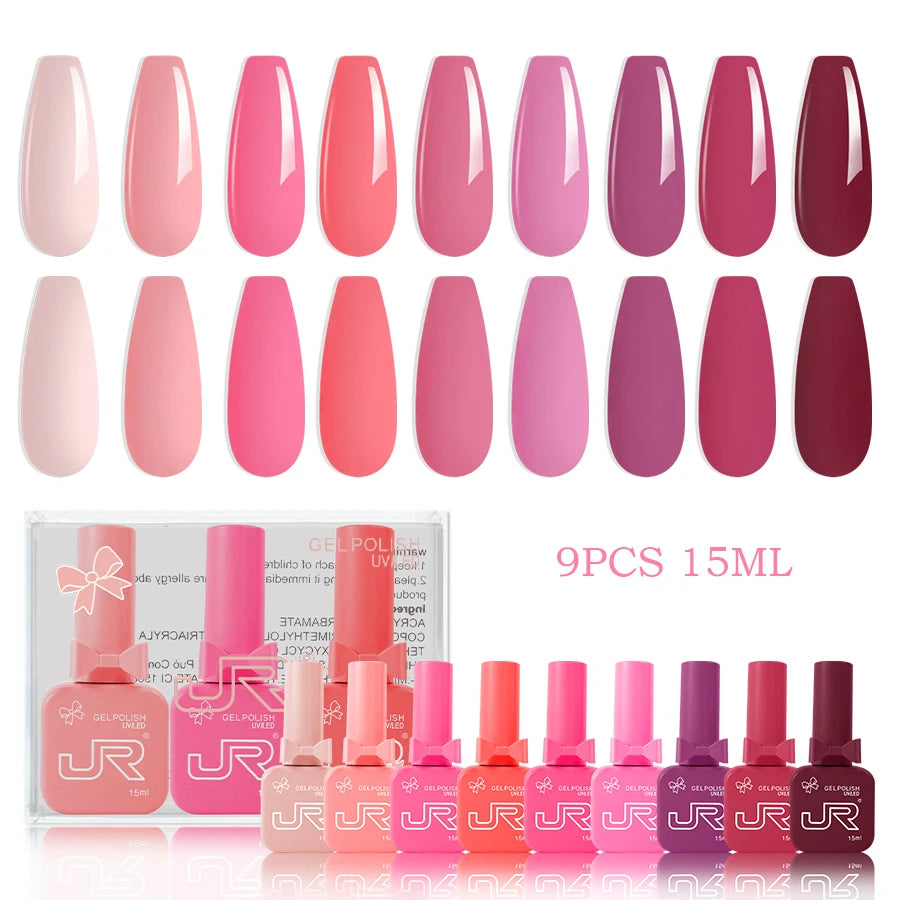 JR 9pcs 15ml gel nail polish set Including Red Pink Nude Gel Polish Kit - Winter Nails