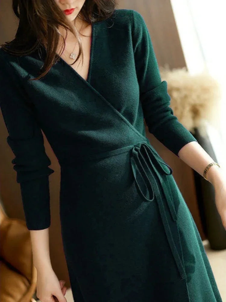 Autumn Winter Sweater Womens Dresses V-neck Wrap Up Dress for Women - Winter Dress