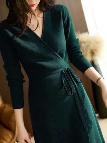 Autumn Winter Sweater Womens Dresses V-neck Wrap Up Dress for Women - Winter Dress