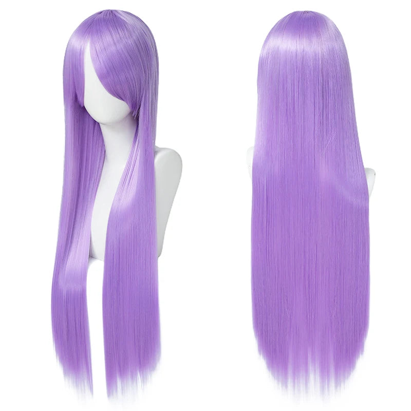 80cm Long Synthetic White Purple Cosplay Wigs Green Hair Straight Silver Wig Pink Hairpiece Lolita Wig with Bangs