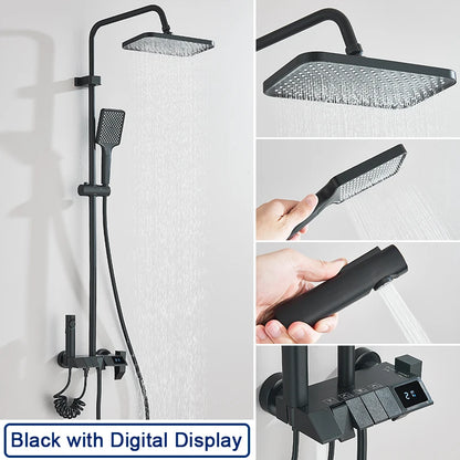 Rozin Black Smart Digital Display Shower Faucet Set Piano Style Rainlfall Bathroom System Grey