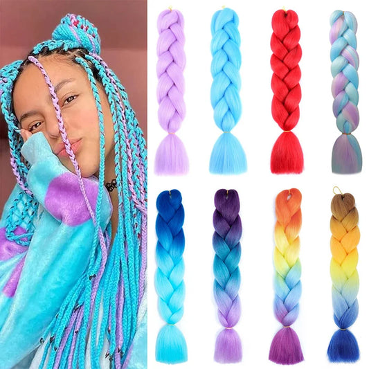 24Inch Synthetic Braiding Hair Extension Ombre Color Rainbow DIY Jumbo Hair Pink Red Blue Hairstyle for Women
