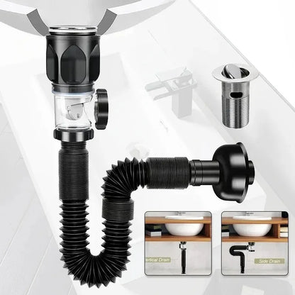 Stainless Steel Basin Drain Pipe Set Odor Proof Wall Mount Drainage for Kitchen Bathroom Sink