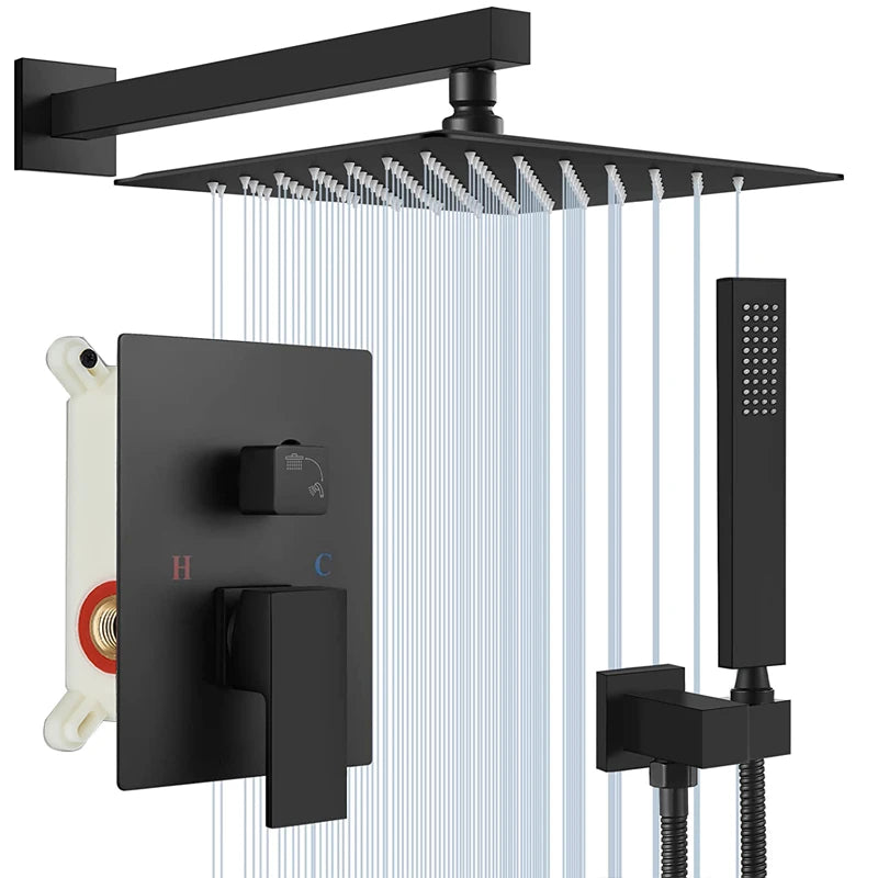 Black Concealed Shower System Rain Waterfall Bathroom Embedded Shower Faucet Set