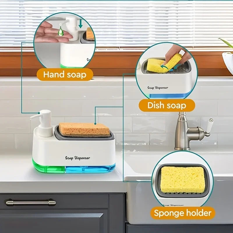 Hand and Dish Soap Dispenser Set Detergent Dispenser Sponge Holder 2-in-1 Countertop Soap Pump