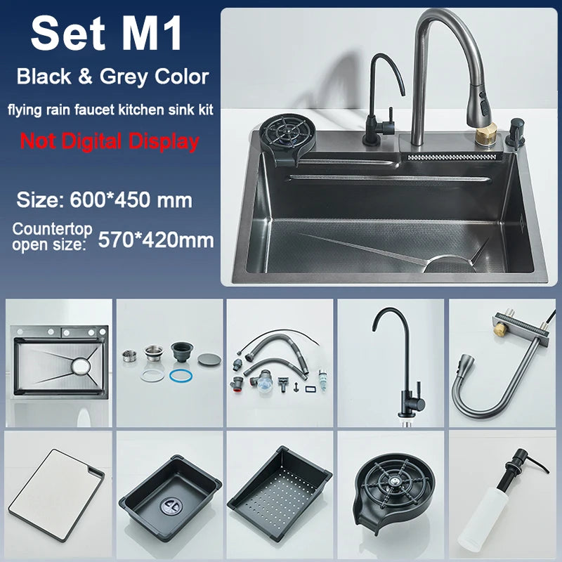 Single Slot Kitchen Sink with Faucet 304 Stainless Steel Large 60x45cm Rainfall