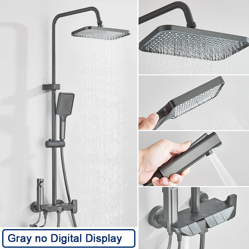 Rozin Black Smart Digital Display Shower Faucet Set Piano Style Rainlfall Bathroom System Grey