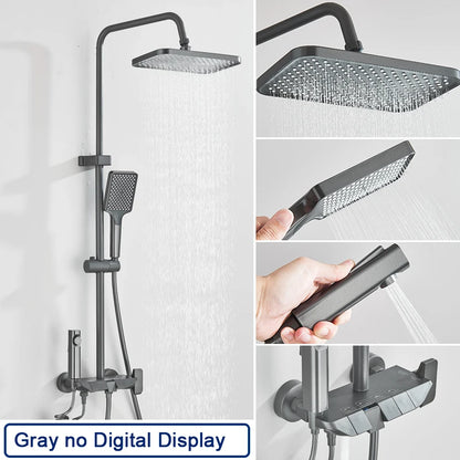 Rozin Black Smart Digital Display Shower Faucet Set Piano Style Rainlfall Bathroom System Grey