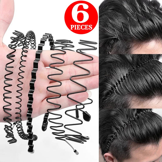 6/1pcs Fashion Metal Hair Band for Men Women Unisex Black Waved Hair Head Hoop Sports Headband
